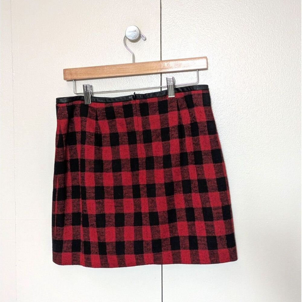 Madewell Red and Black Buffalo Check Plaid Leather Trim Gamine Mini Skirt Sz 6